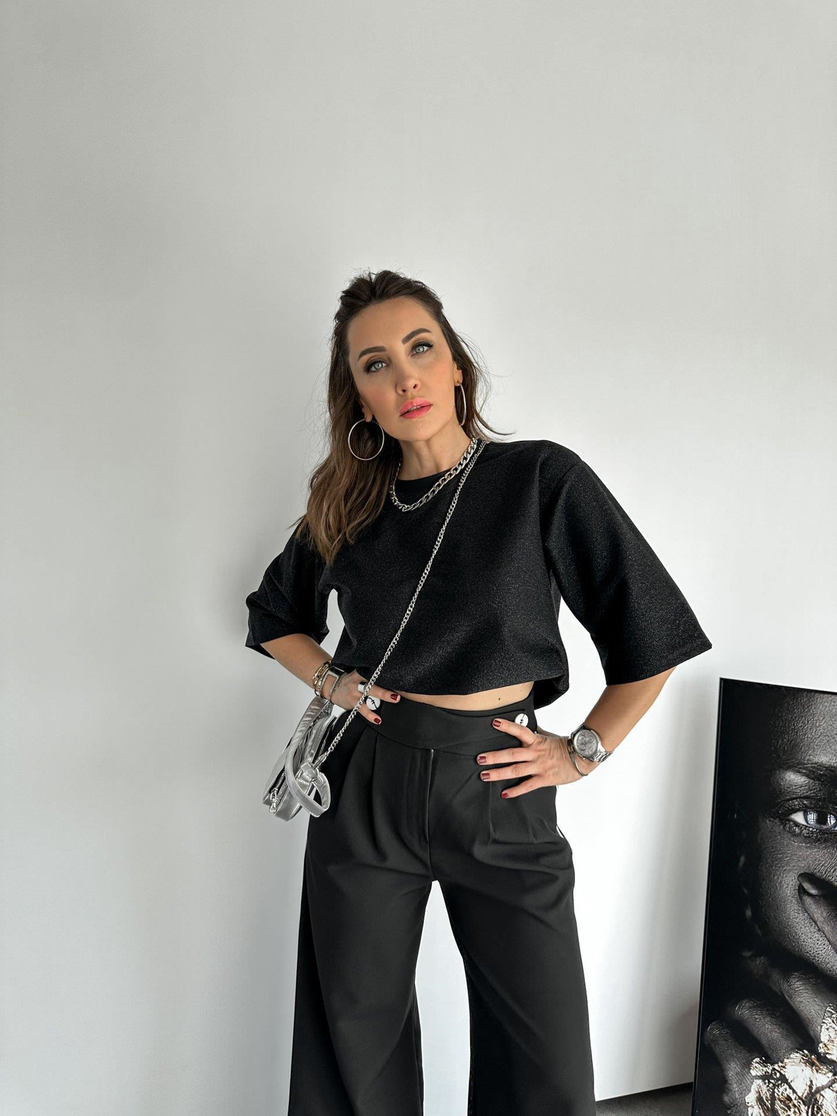 Siyah Simli Oversize Tshirt