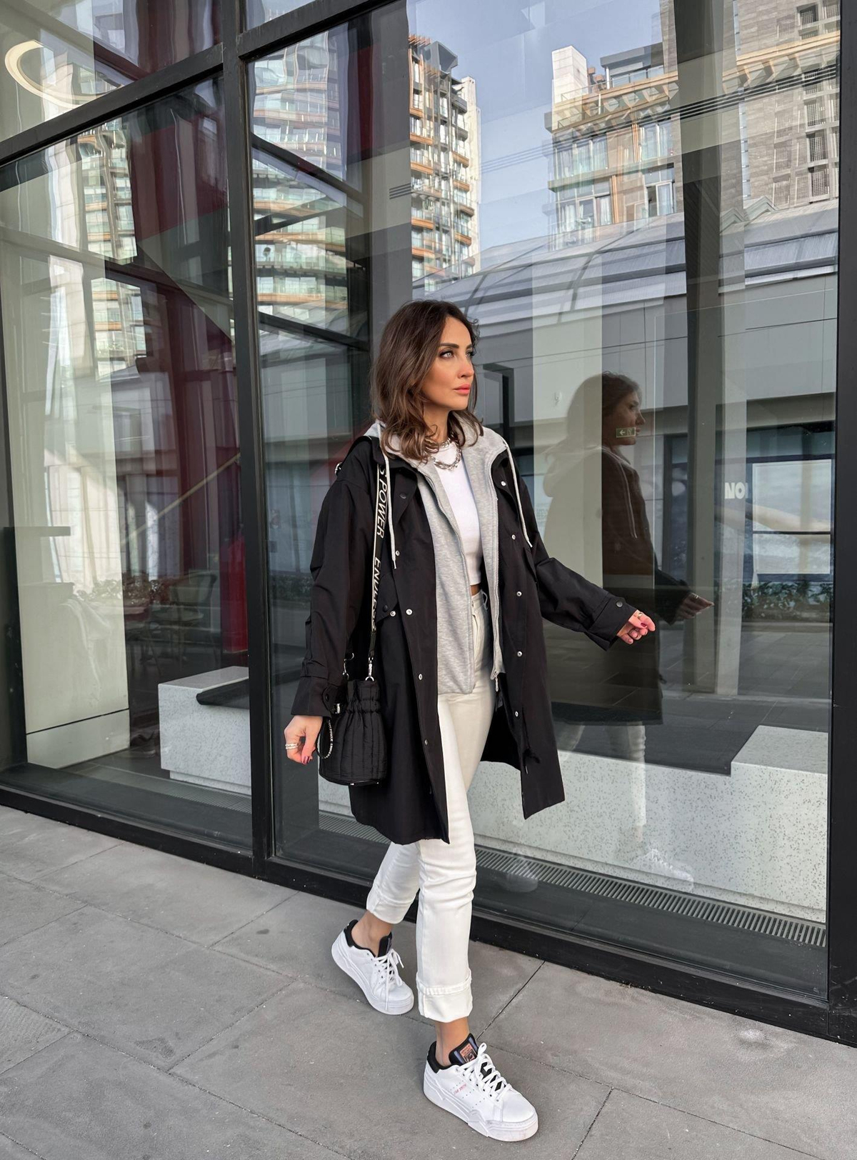 Siyah Sweat Detaylı Kapşonlu Trençkot