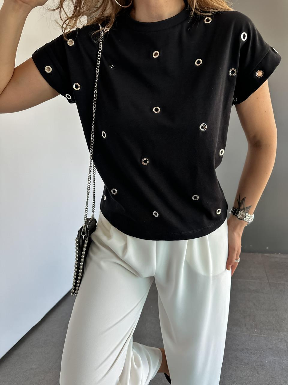 Siyah T Kol Kuş Gözlü Tshirt