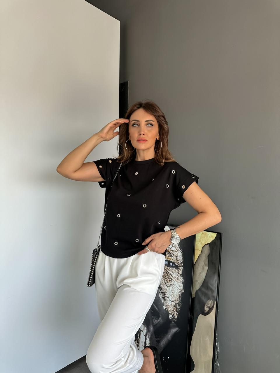 Siyah T Kol Kuş Gözlü Tshirt