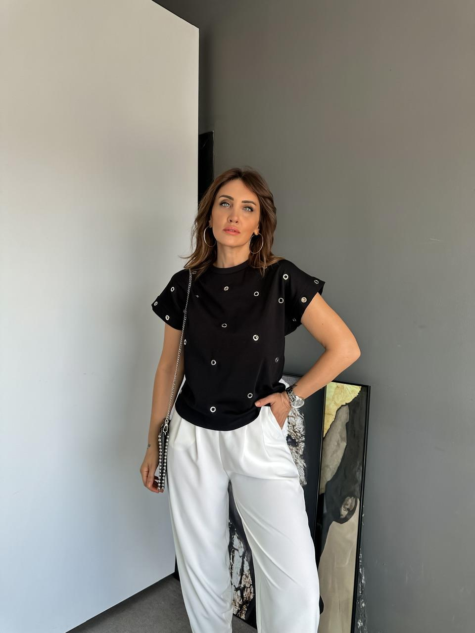 Siyah T Kol Kuş Gözlü Tshirt