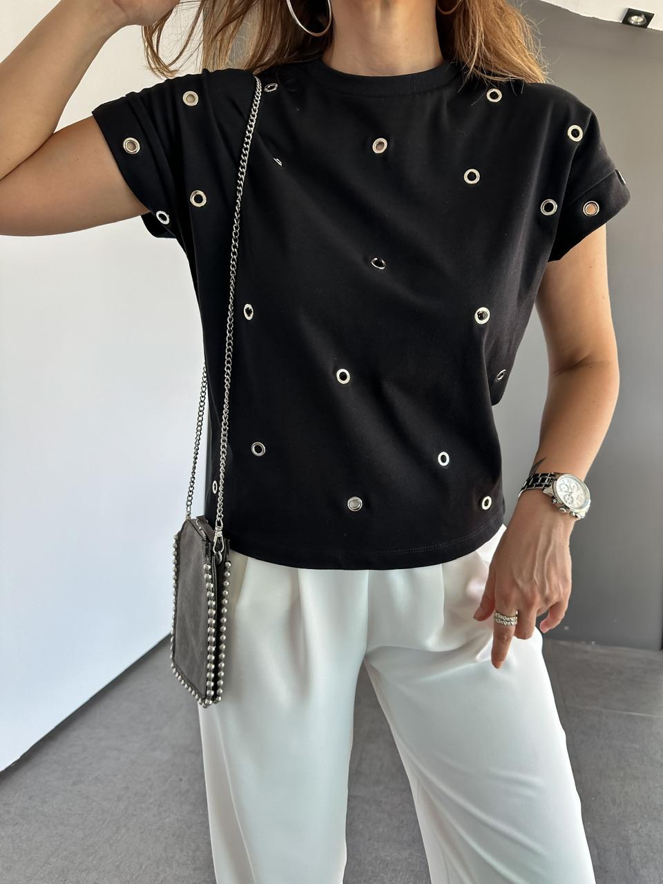 Siyah T Kol Kuş Gözlü Tshirt