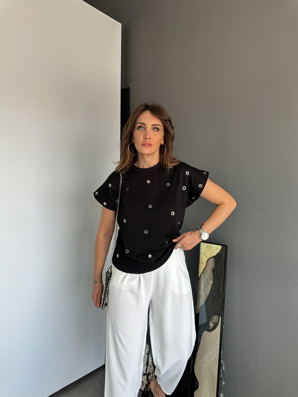 Siyah T Kol Kuş Gözlü Tshirt