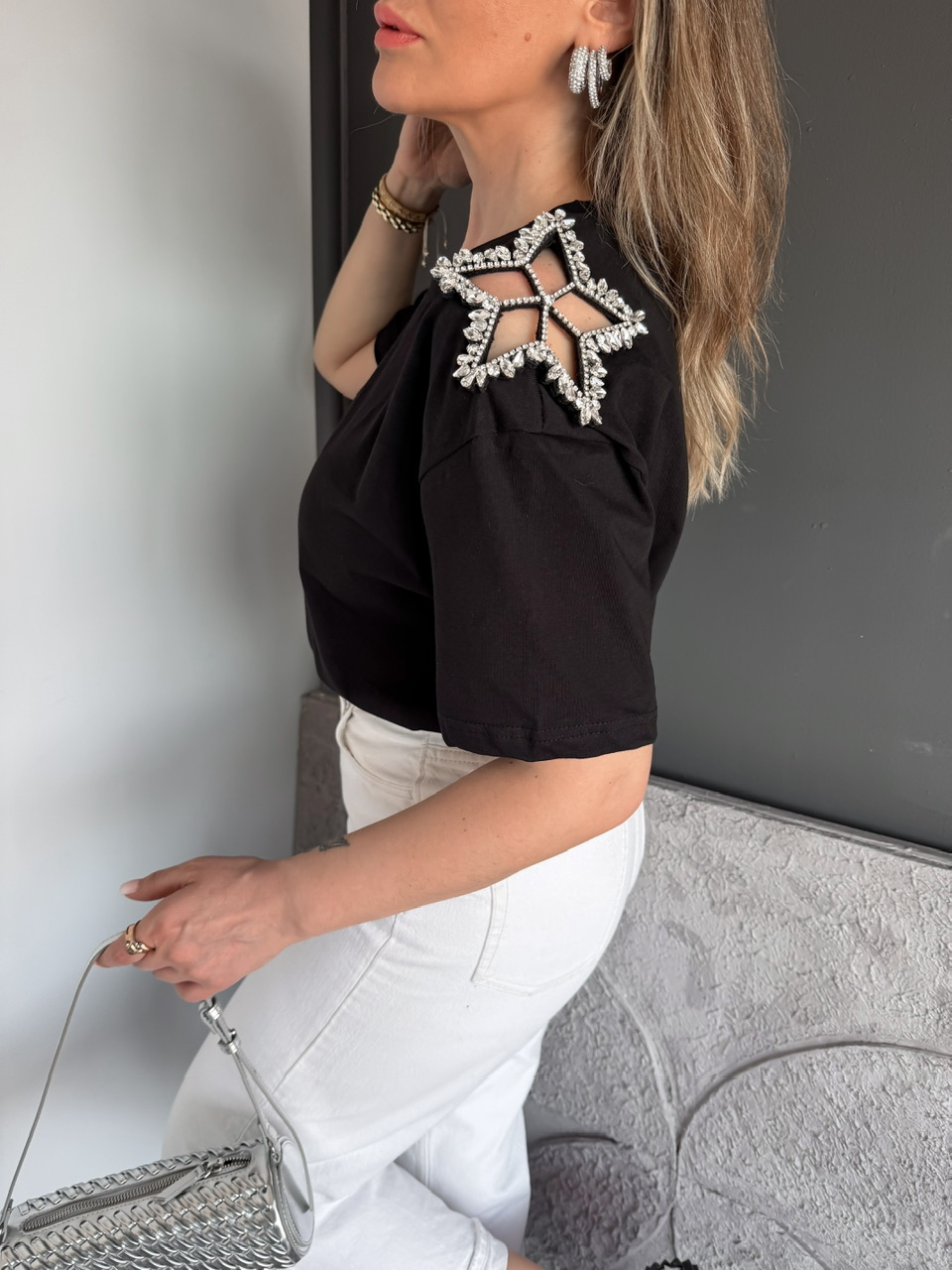 Siyah Taşlı Yıldızlı Tshirt