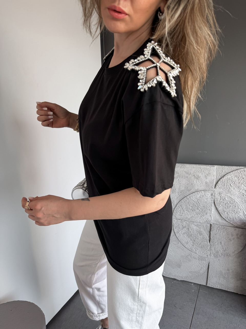 Siyah Taşlı Yıldızlı Tshirt