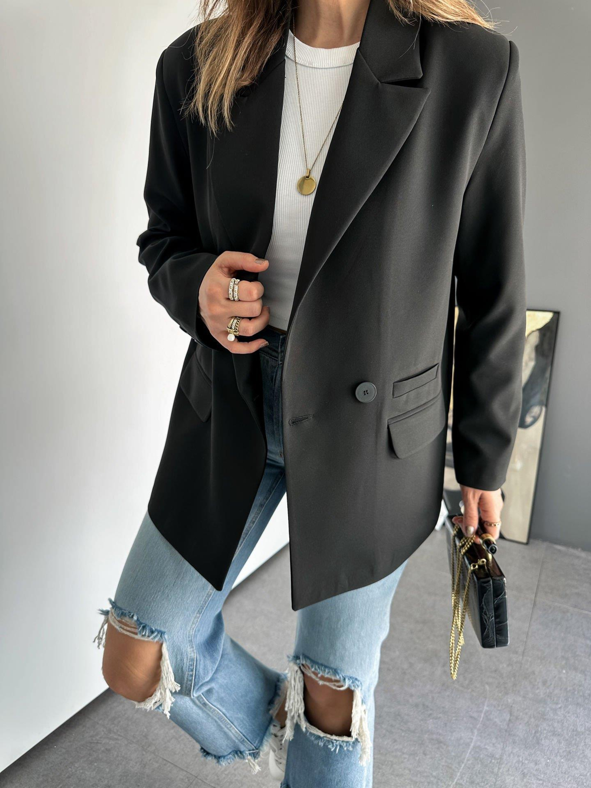 Siyah Tek Düğmeli Blazer Ceket