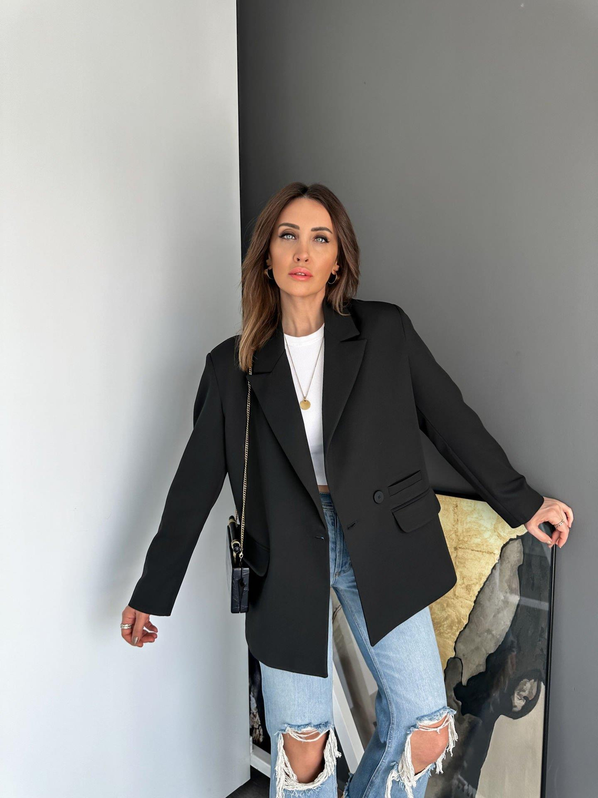 Siyah Tek Düğmeli Blazer Ceket
