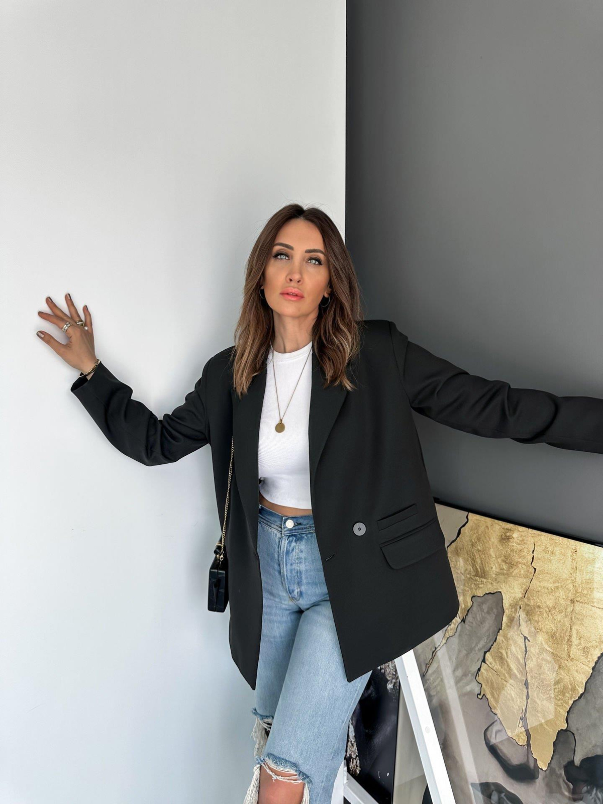 Siyah Tek Düğmeli Blazer Ceket