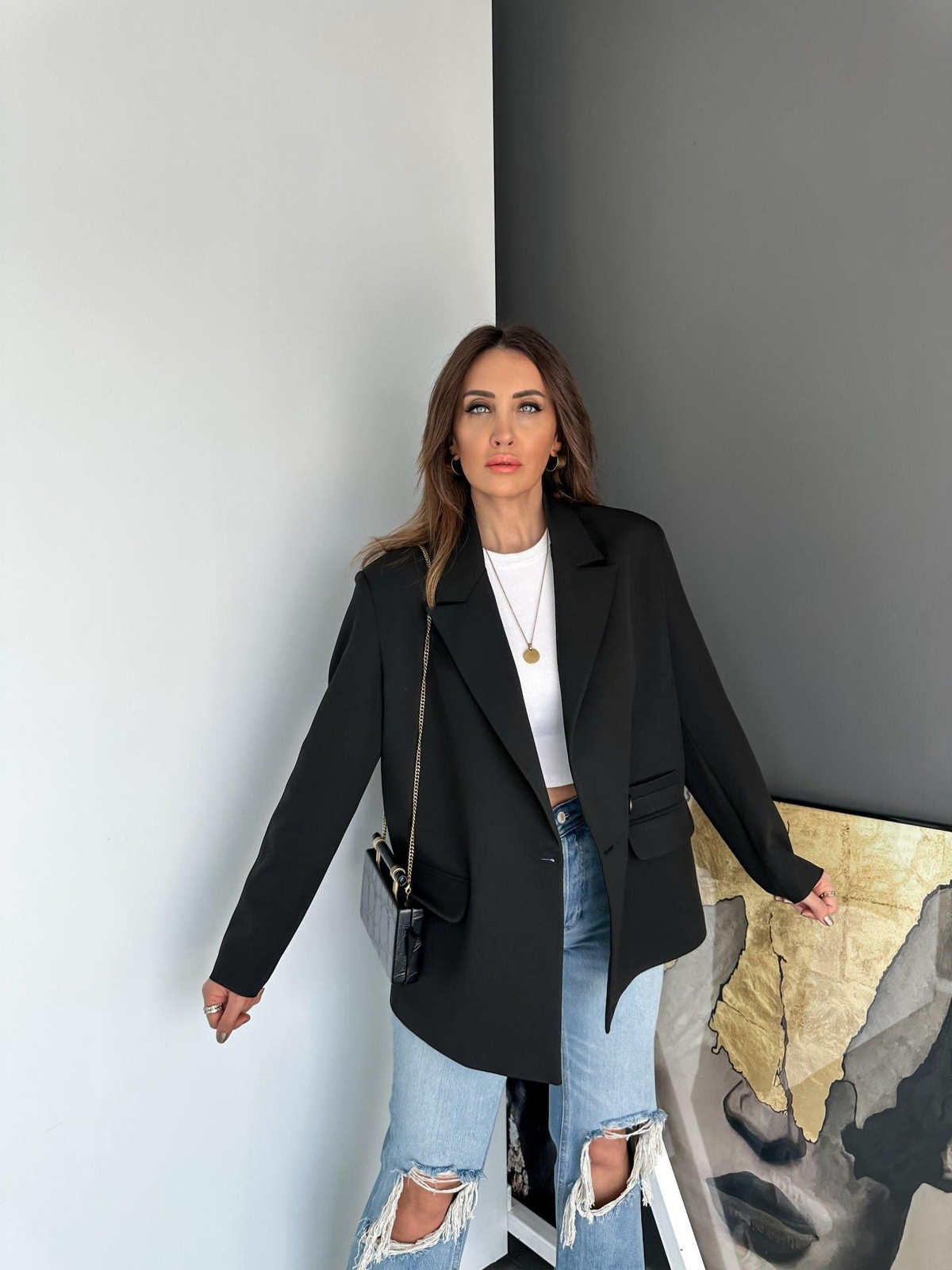 Siyah Tek Düğmeli Blazer Ceket