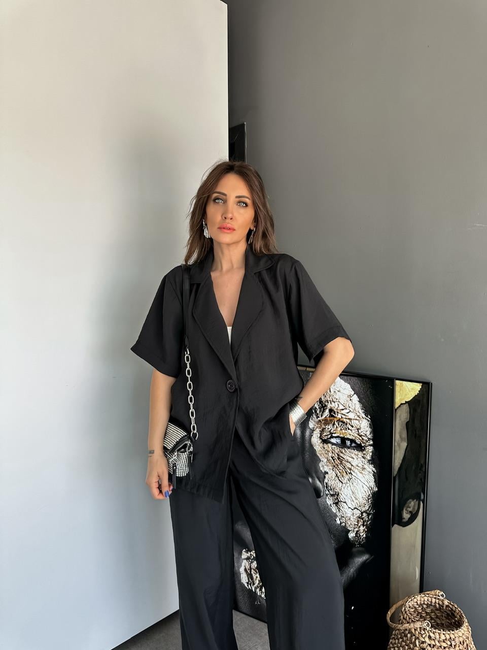 Siyah Tek Düğmeli Salaş Takım