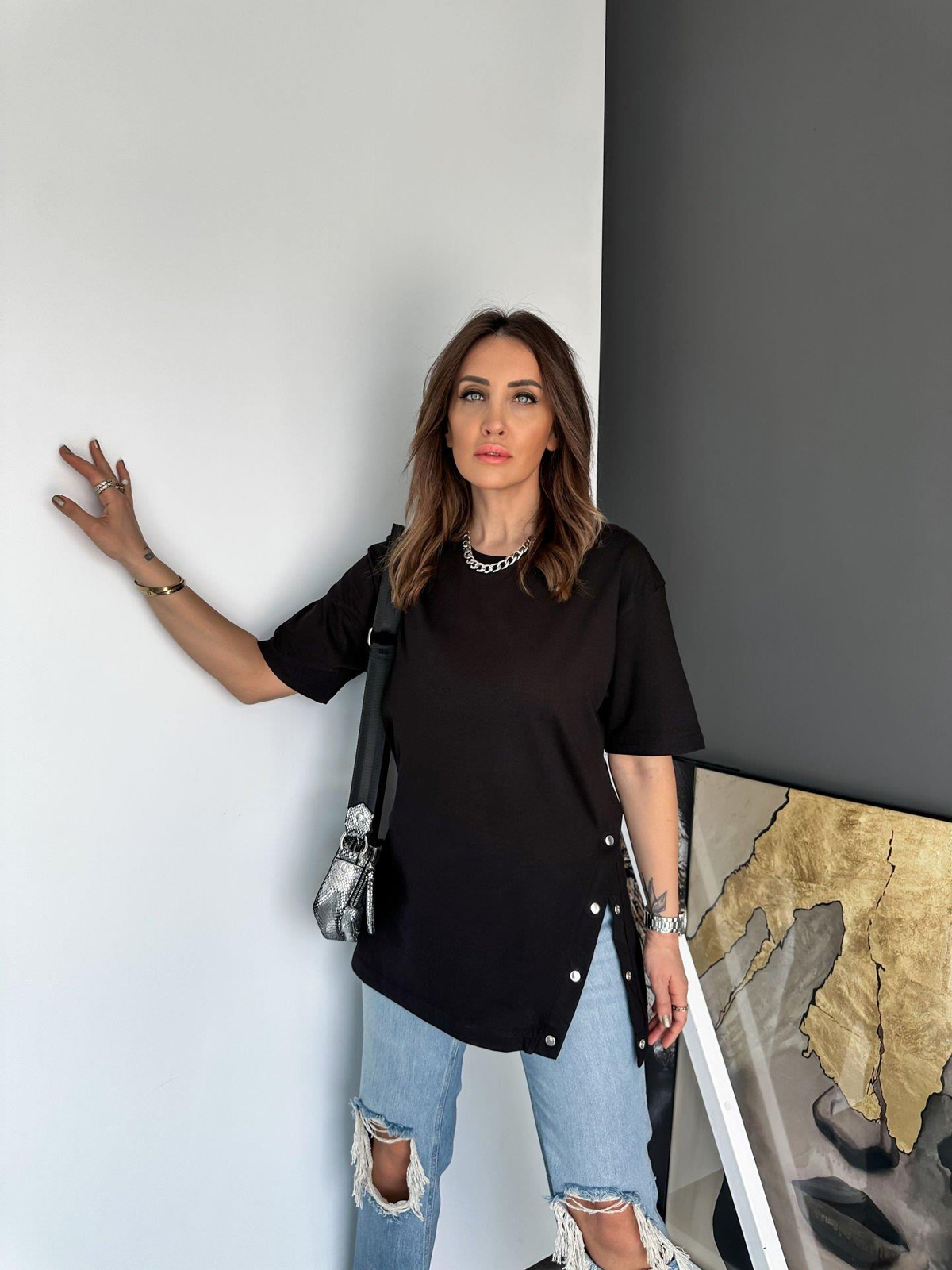 Siyah Tek Yanı Çıtçıtlı Cotton Tshirt