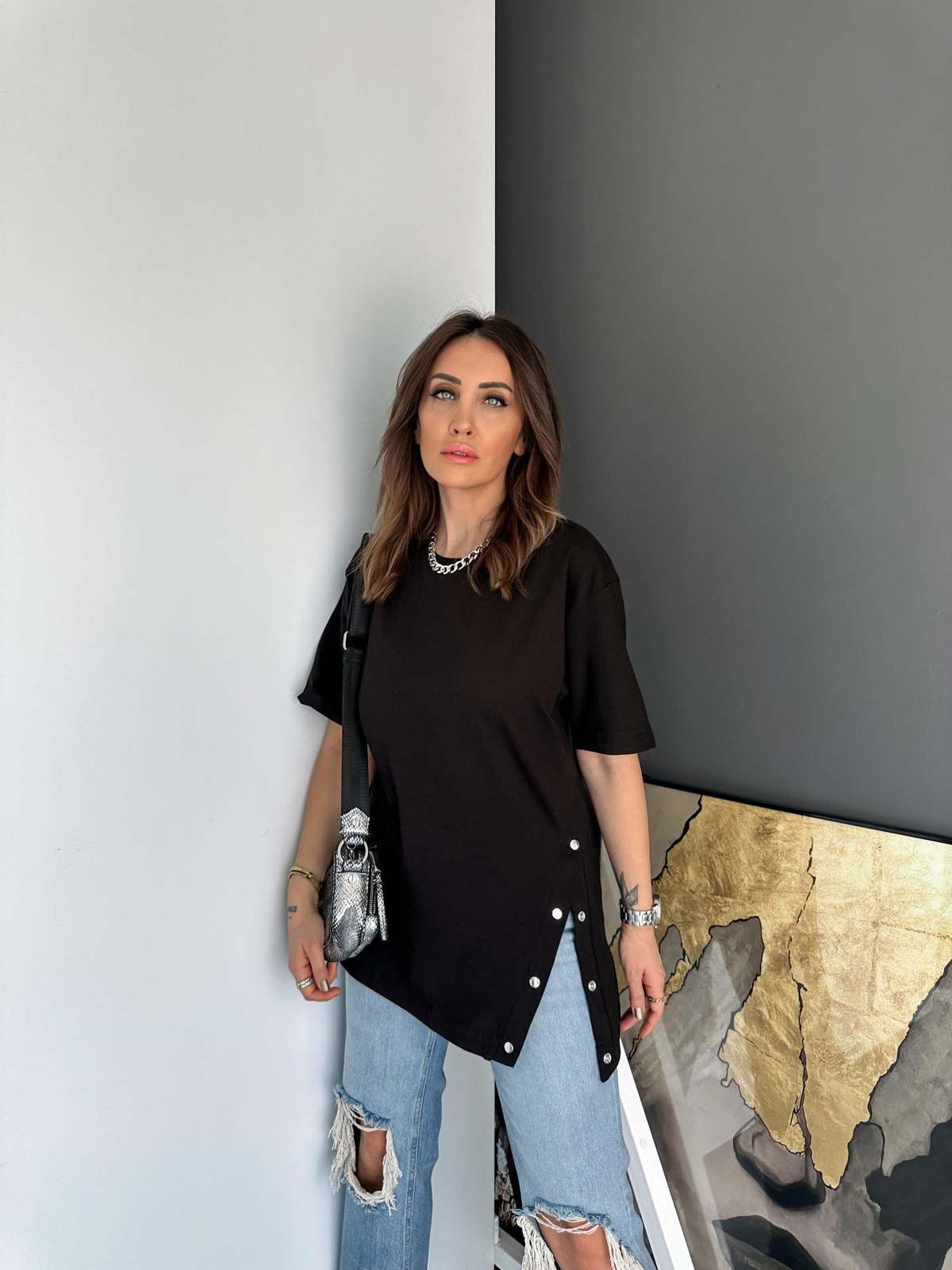 Siyah Tek Yanı Çıtçıtlı Cotton Tshirt