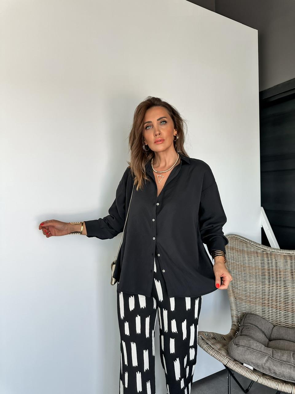 Siyah Tensel Sedef Düğmeli Gömlek