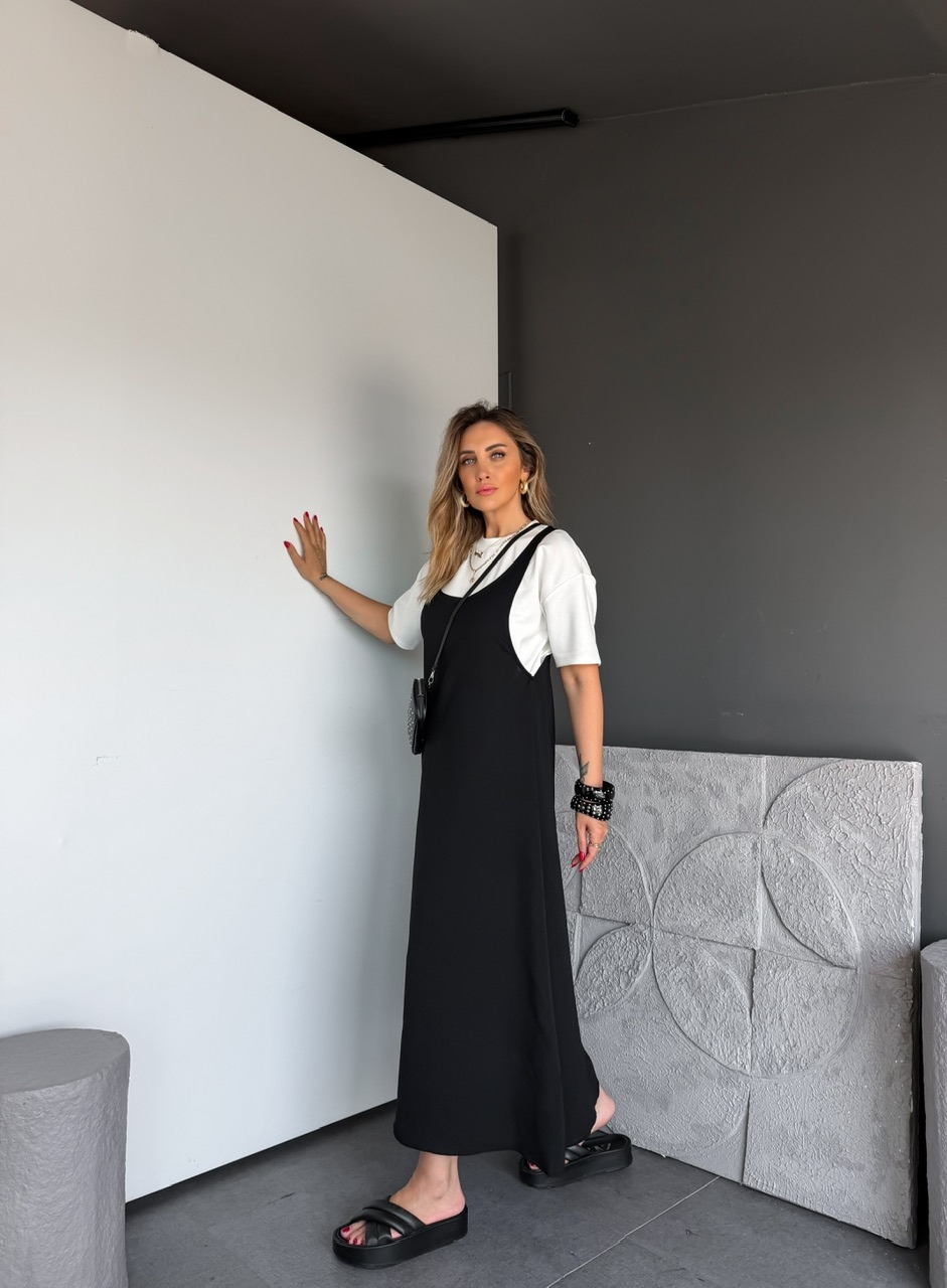 Siyah Tshirtlü Askılı Basic Elbise