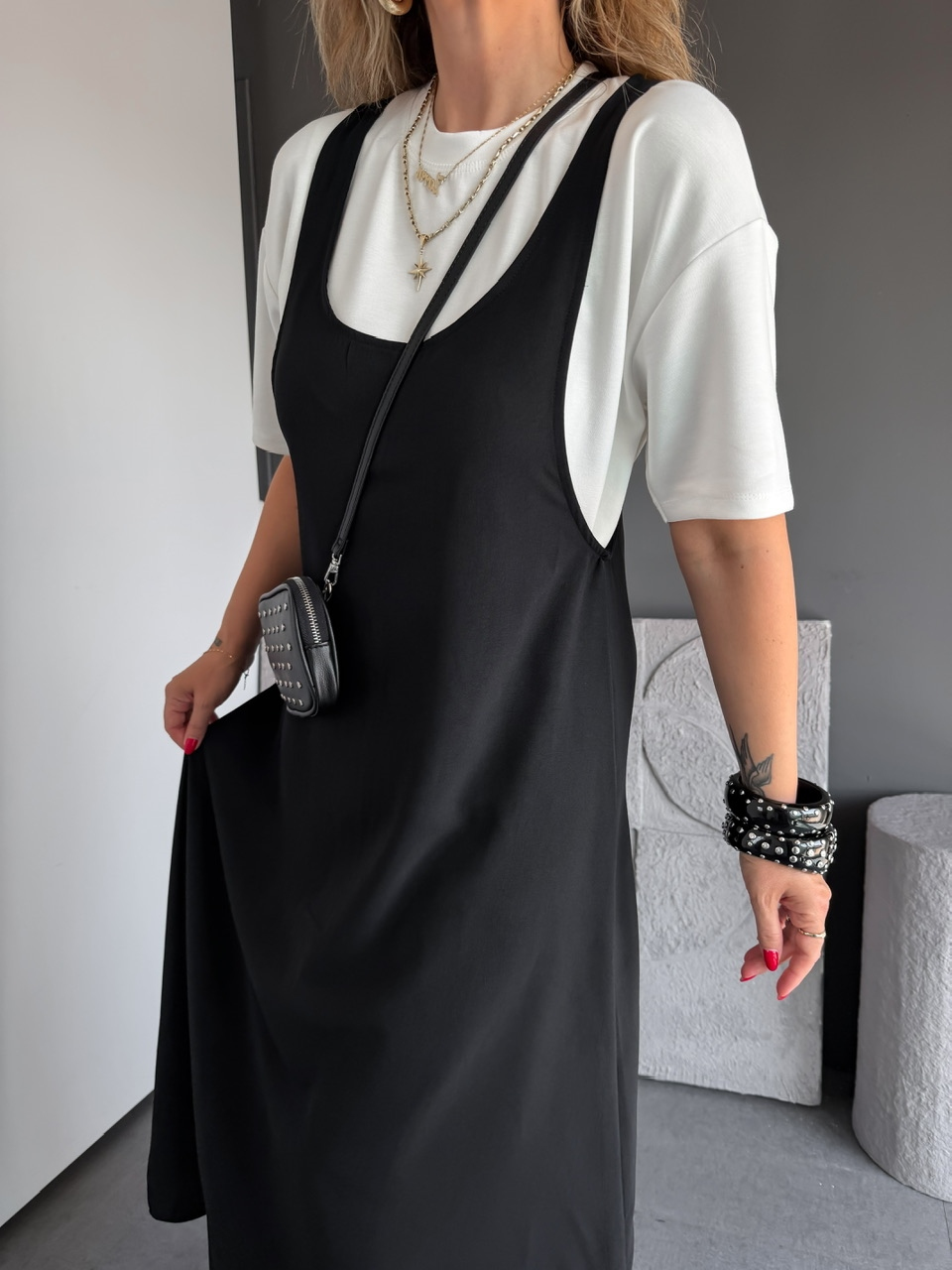 Siyah Tshirtlü Askılı Basic Elbise