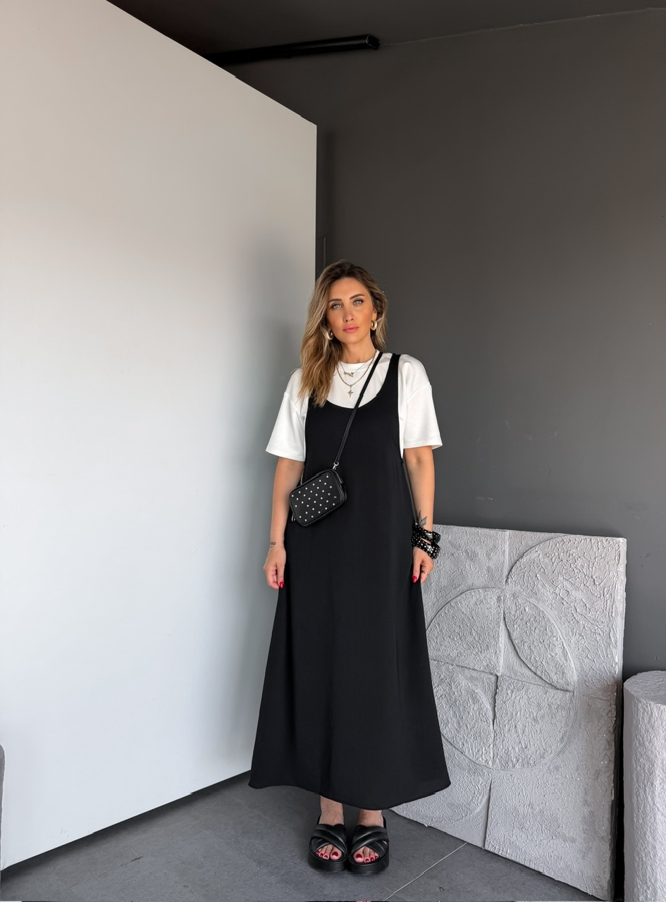 Siyah Tshirtlü Askılı Basic Elbise