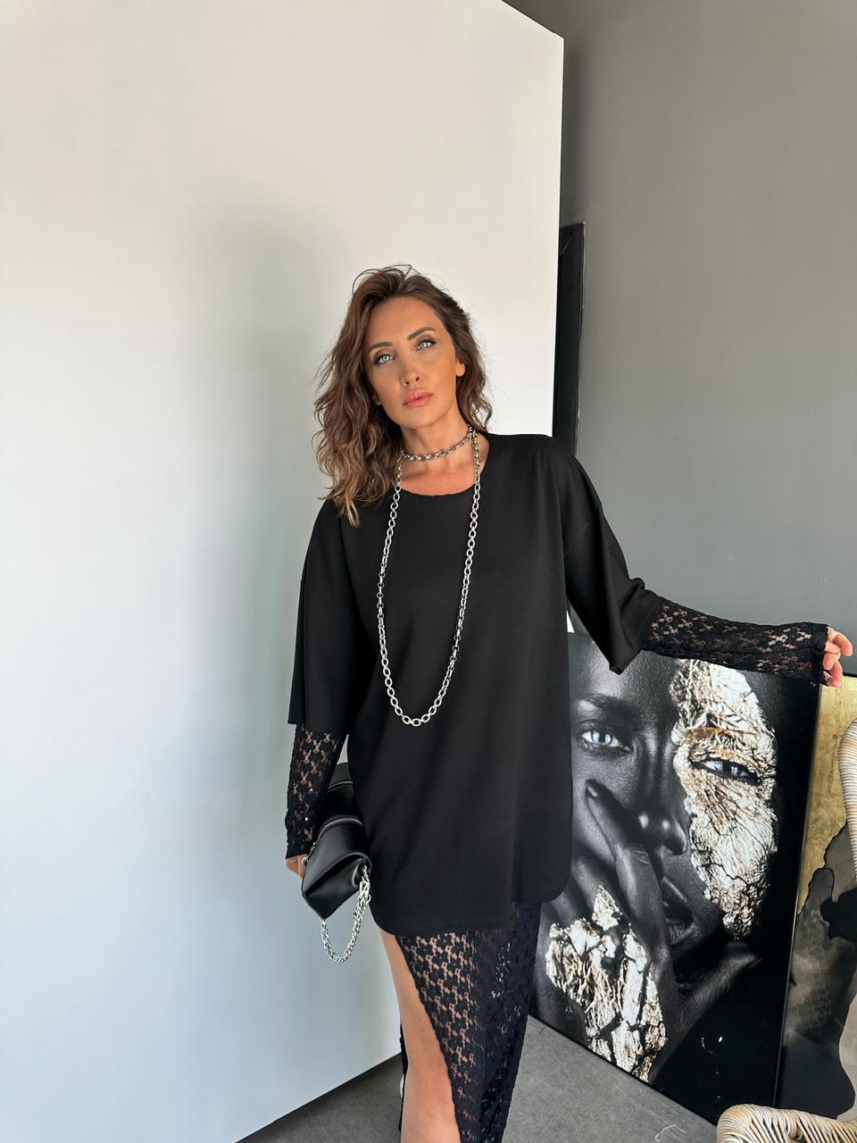 Siyah Tshirtlü Dantel Elbise