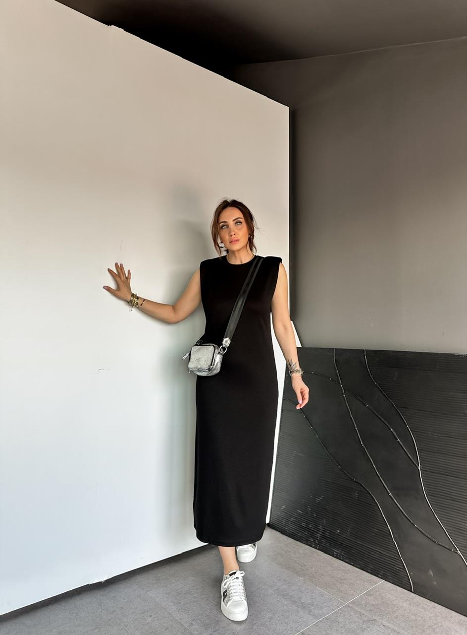 Siyah Vatkalı Likralı Basic Elbise