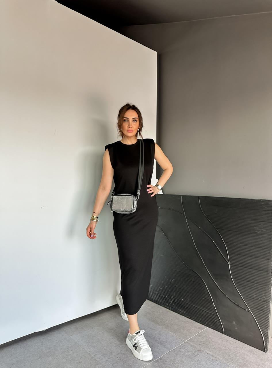 Siyah Vatkalı Likralı Basic Elbise