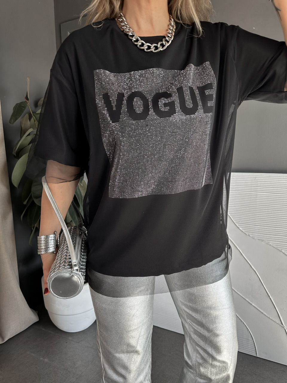 Siyah Vogue Simli Tüllü Tshirt