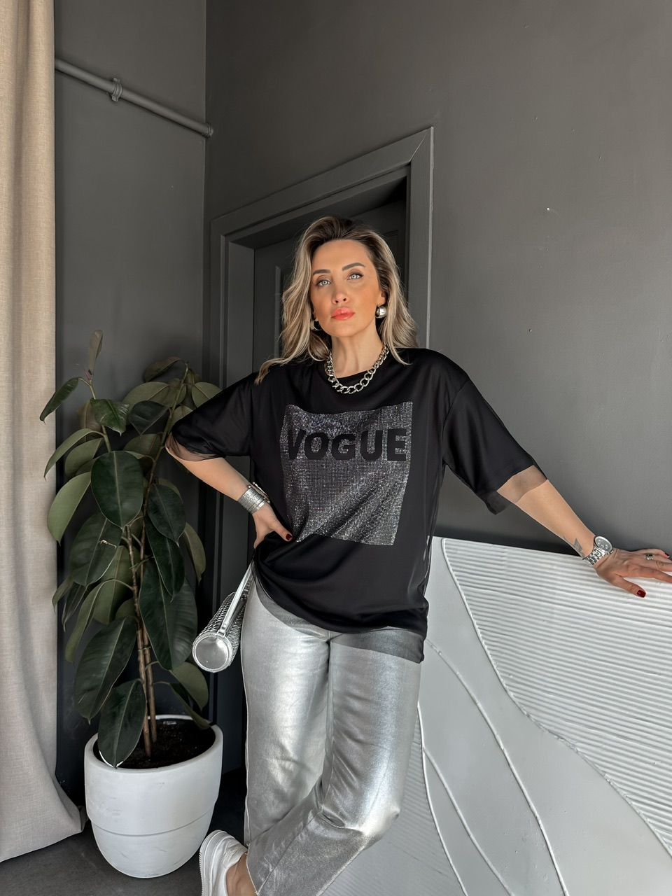 Siyah Vogue Simli Tüllü Tshirt