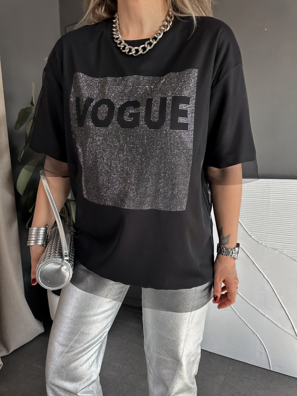 Siyah Vogue Simli Tüllü Tshirt