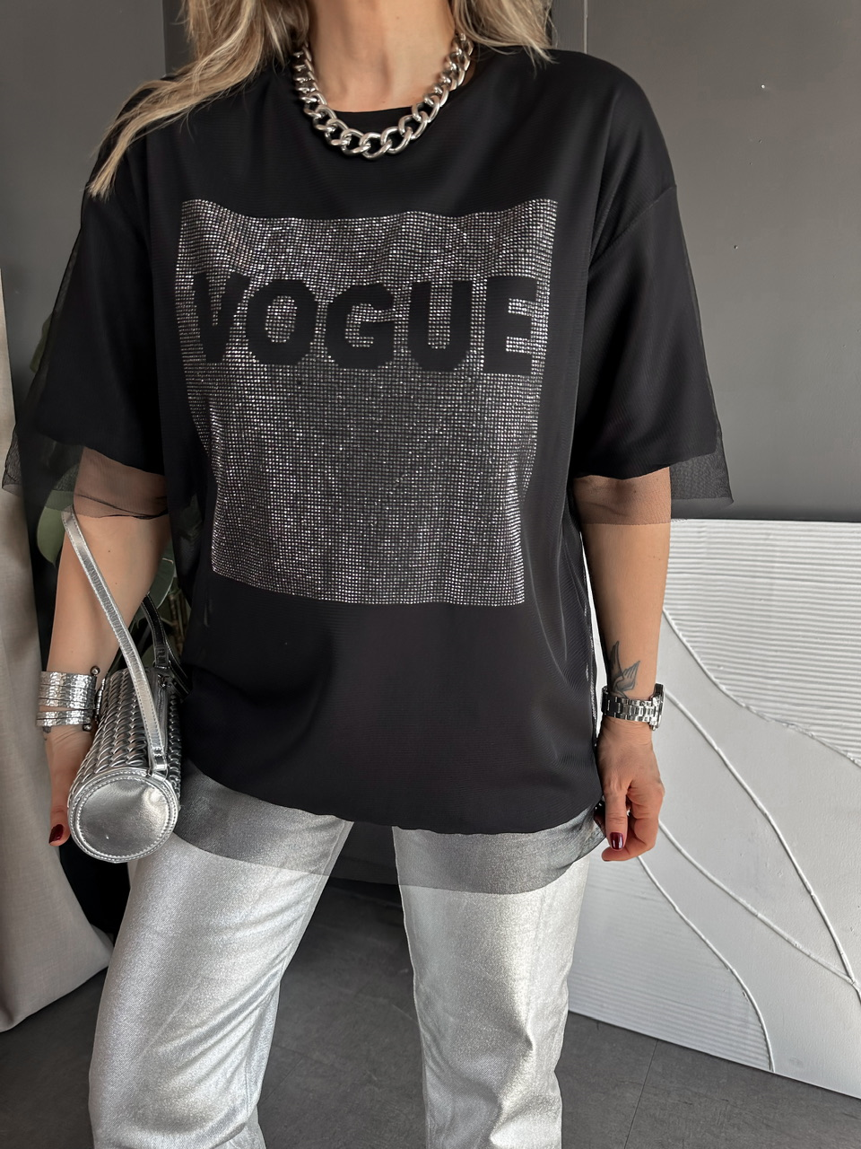 Siyah Vogue Simli Tüllü Tshirt