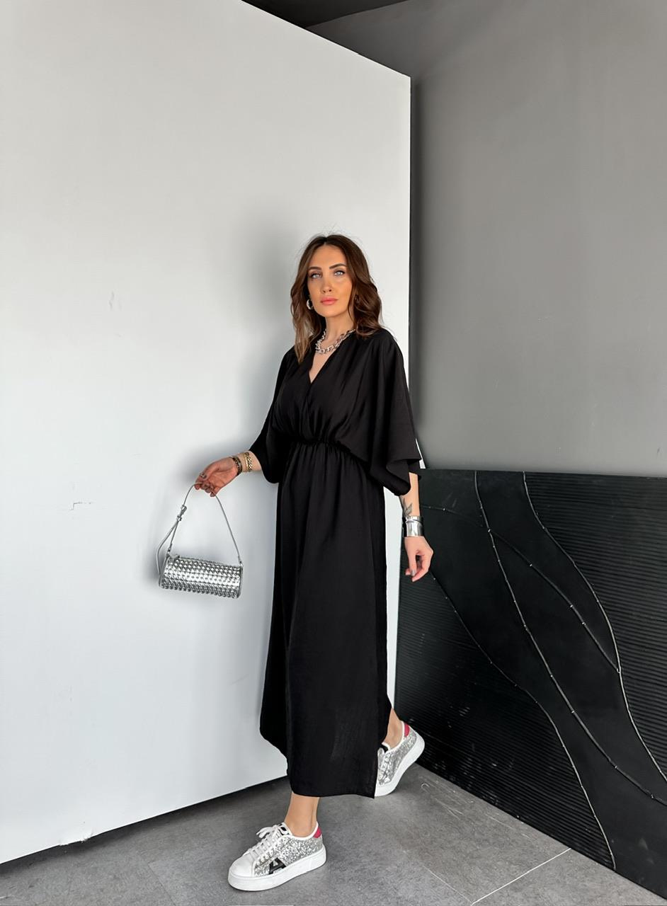 Siyah Yarasa Kol Beli Lastikli Elbise