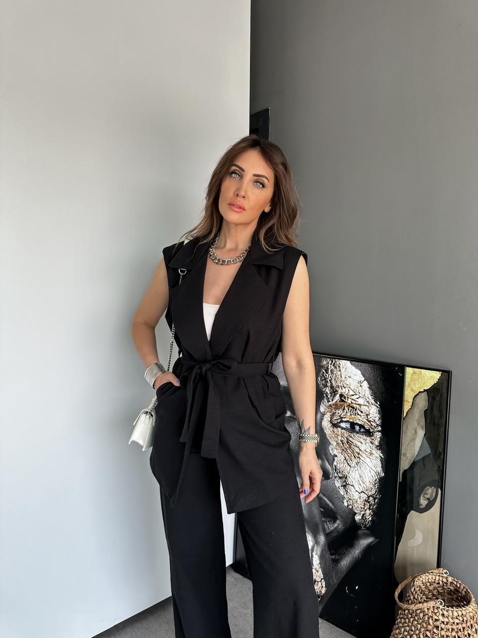 Siyah Yelekli Keten Takım