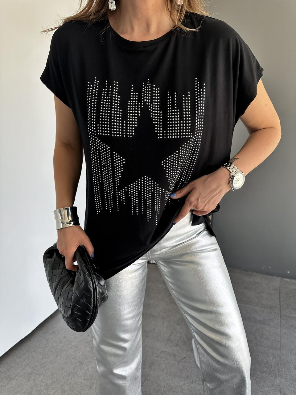 Siyah Yıldız İşlemeli Cotton Tshirt 