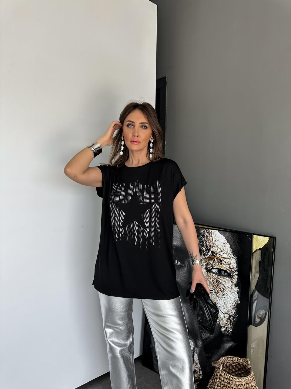 Siyah Yıldız İşlemeli Cotton Tshirt 