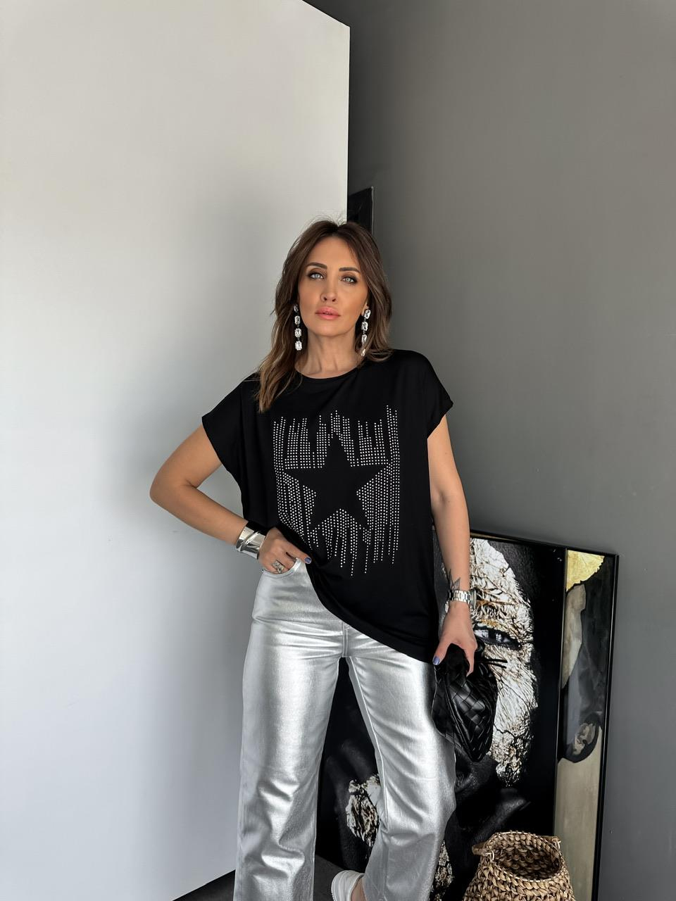 Siyah Yıldız İşlemeli Cotton Tshirt 