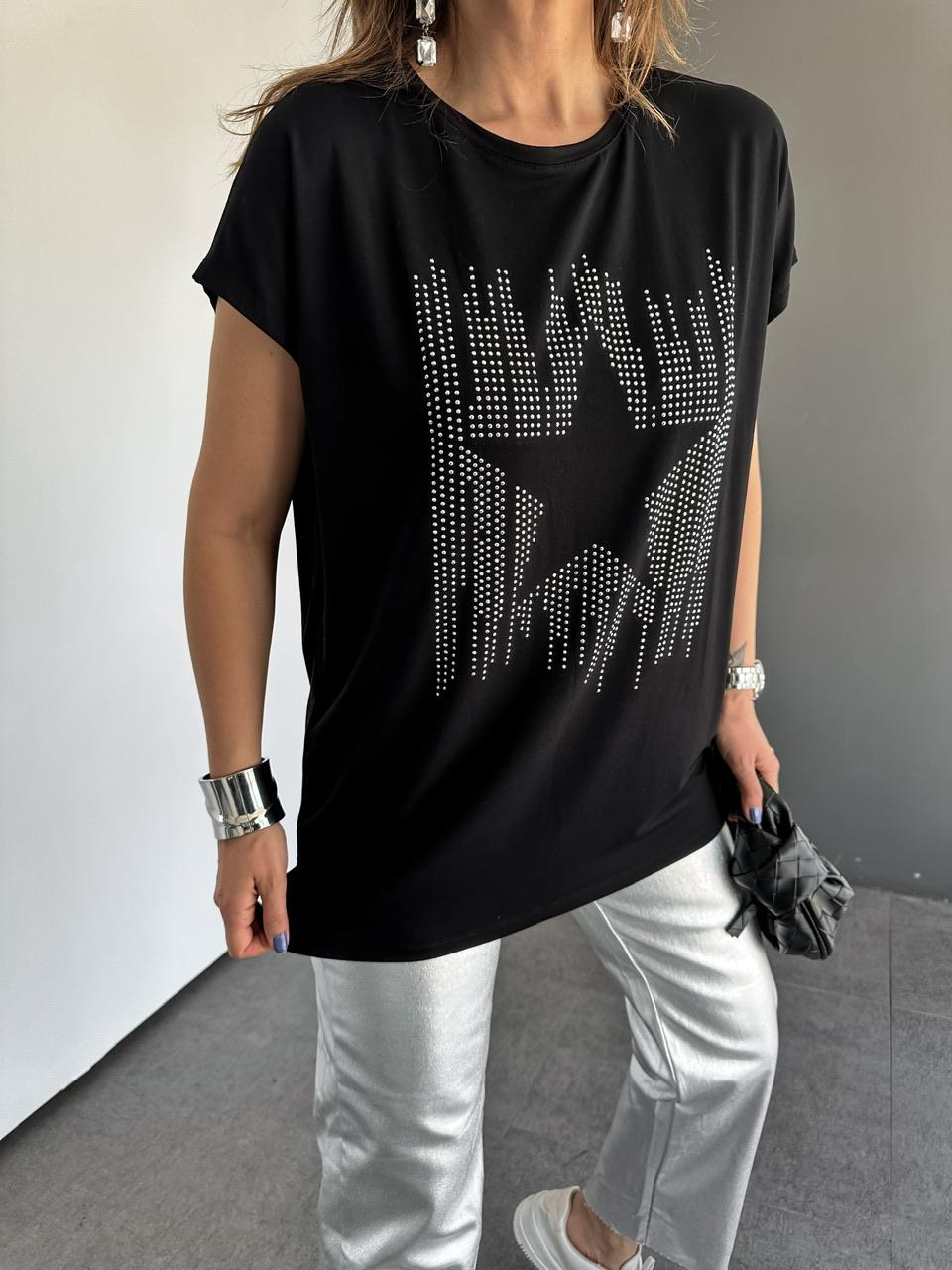 Siyah Yıldız İşlemeli Cotton Tshirt 