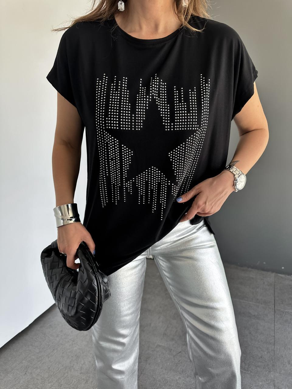 Siyah Yıldız İşlemeli Cotton Tshirt 