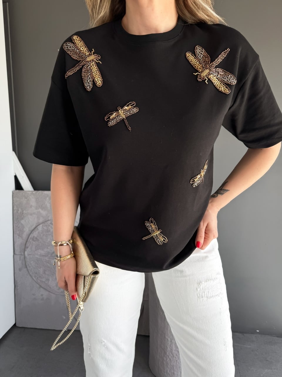 Siyah Yusufçuk İşlemeli Cotton Tshirt