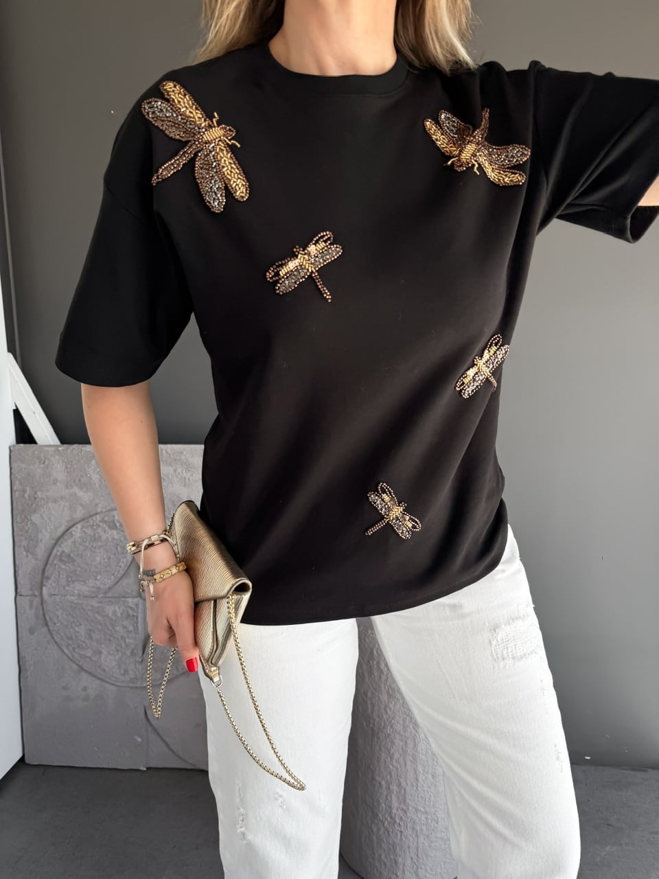 Siyah Yusufçuk İşlemeli Cotton Tshirt