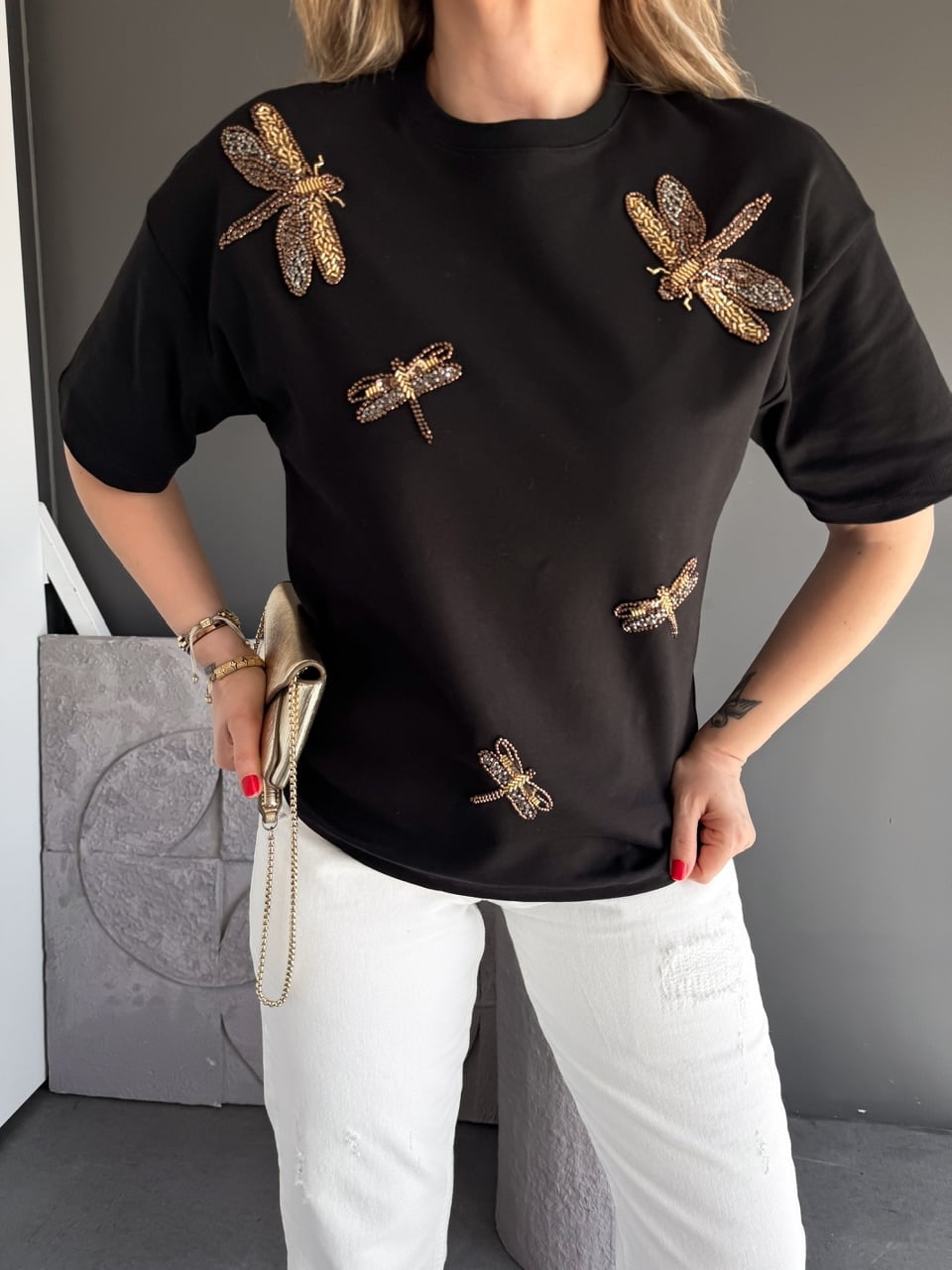 Siyah Yusufçuk İşlemeli Cotton Tshirt