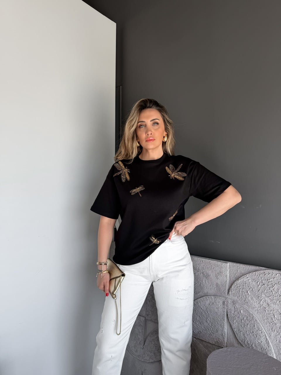 Siyah Yusufçuk İşlemeli Cotton Tshirt