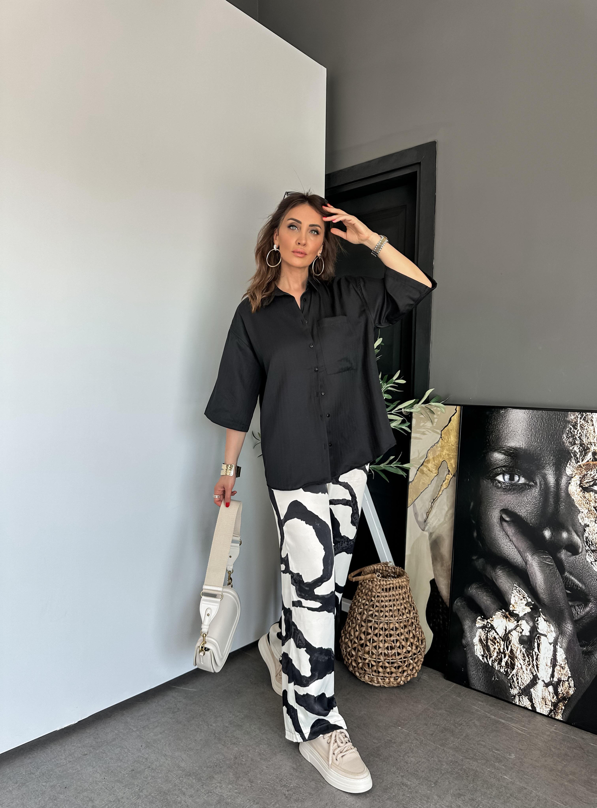 Siyah Zebra Desenli Saten Pantolon