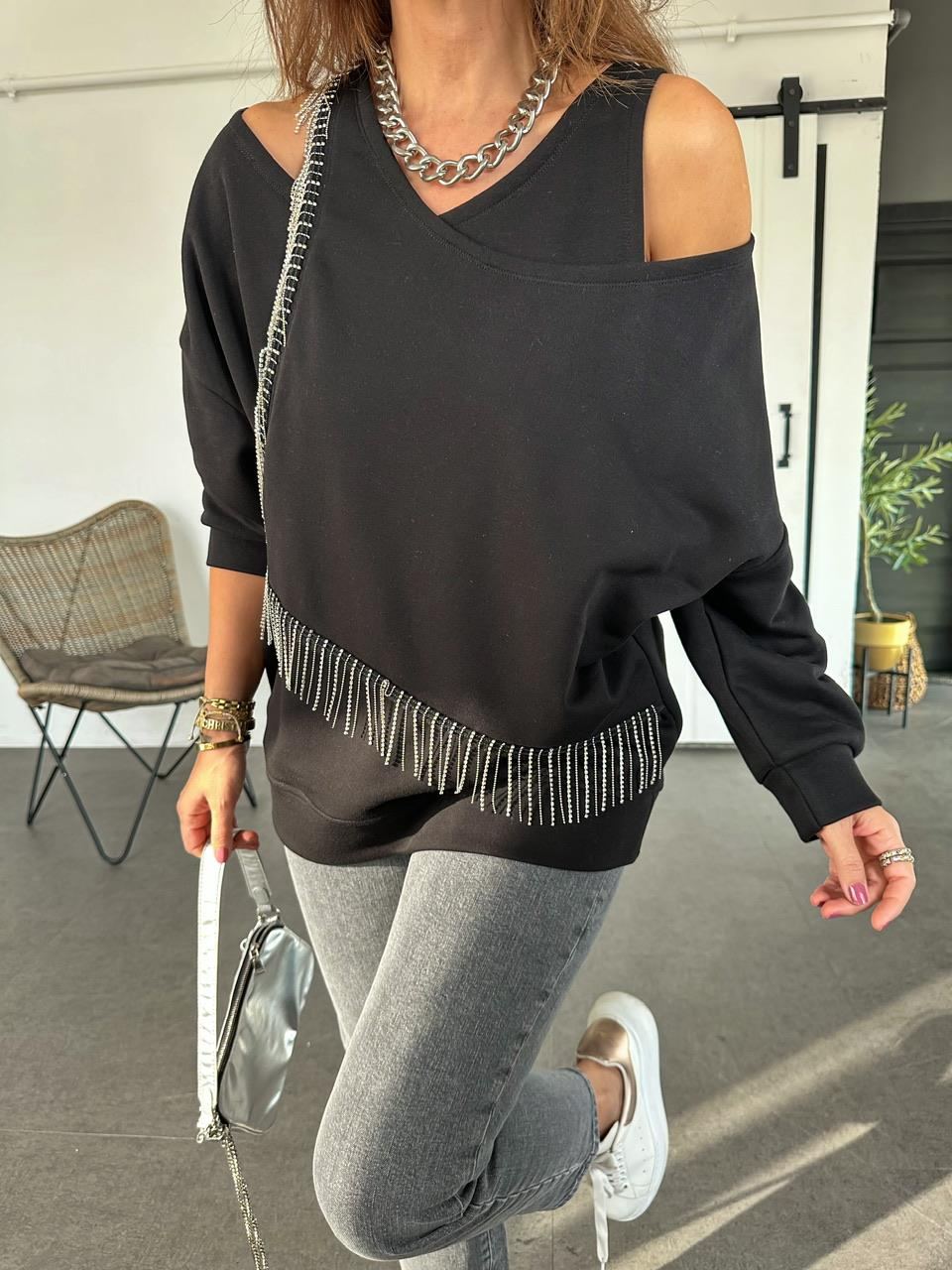 Siyah Zincirli Tasarım Sweatshirt
