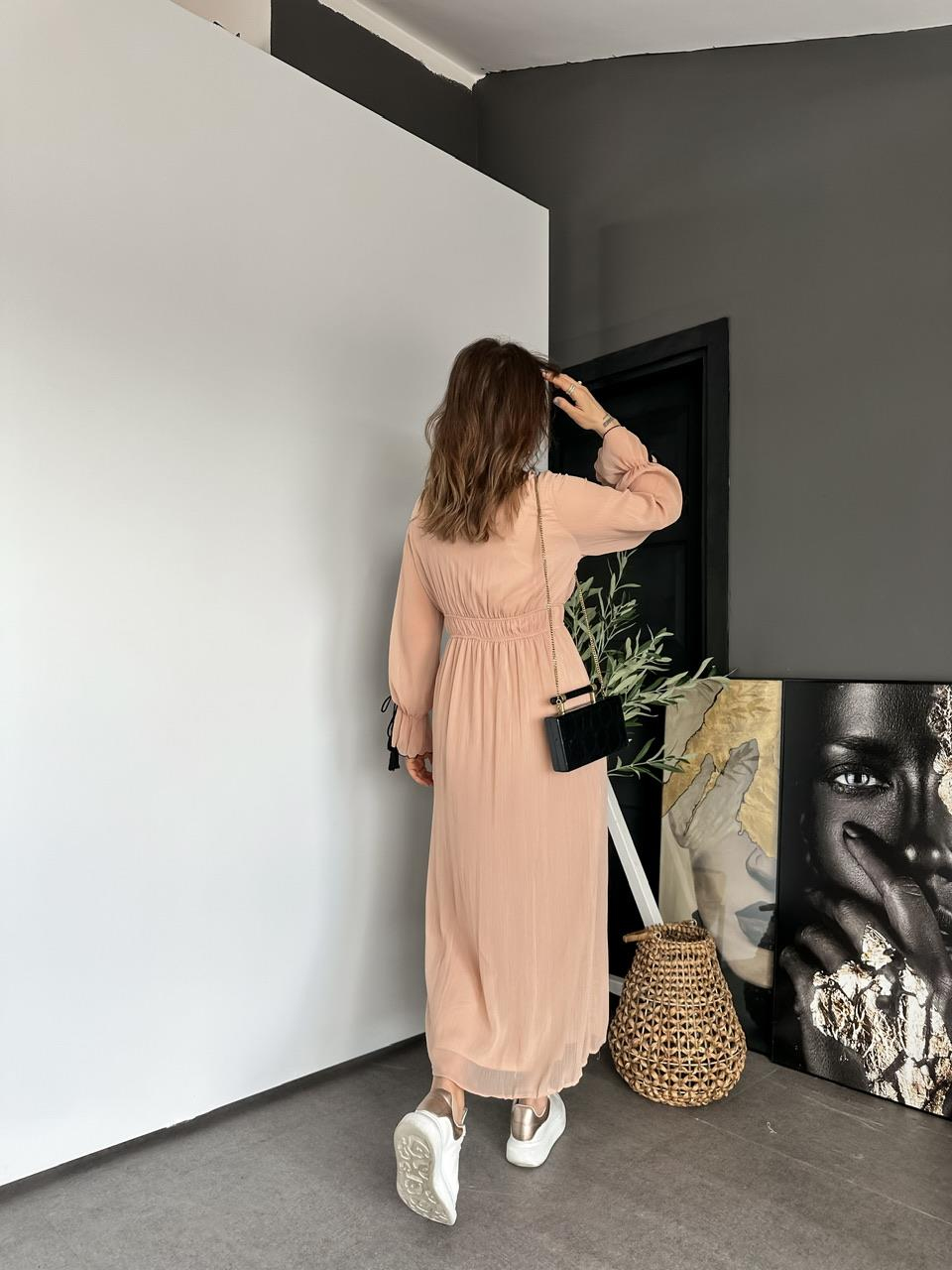 Somon İpli Volanlı Elbise
