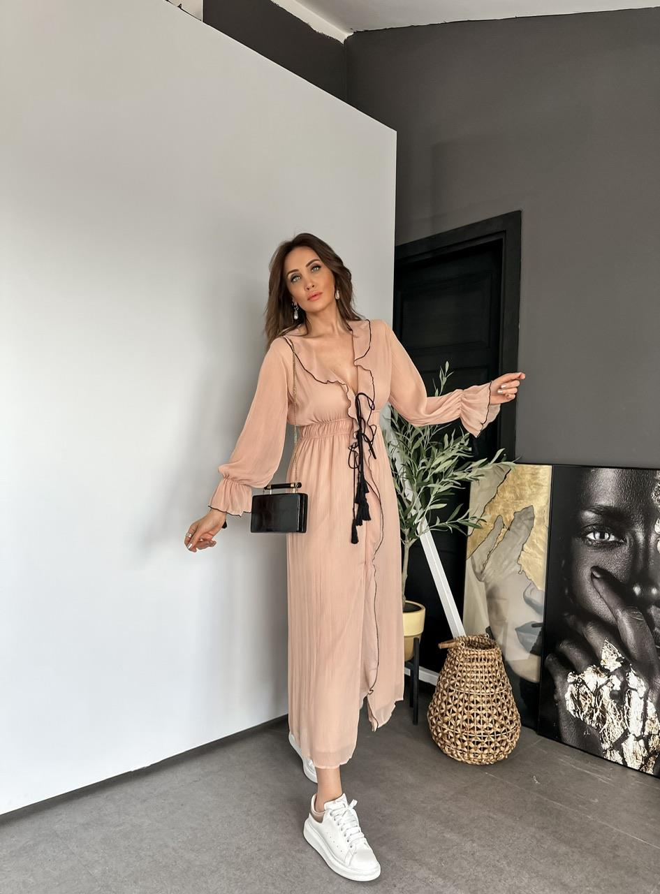 Somon İpli Volanlı Elbise