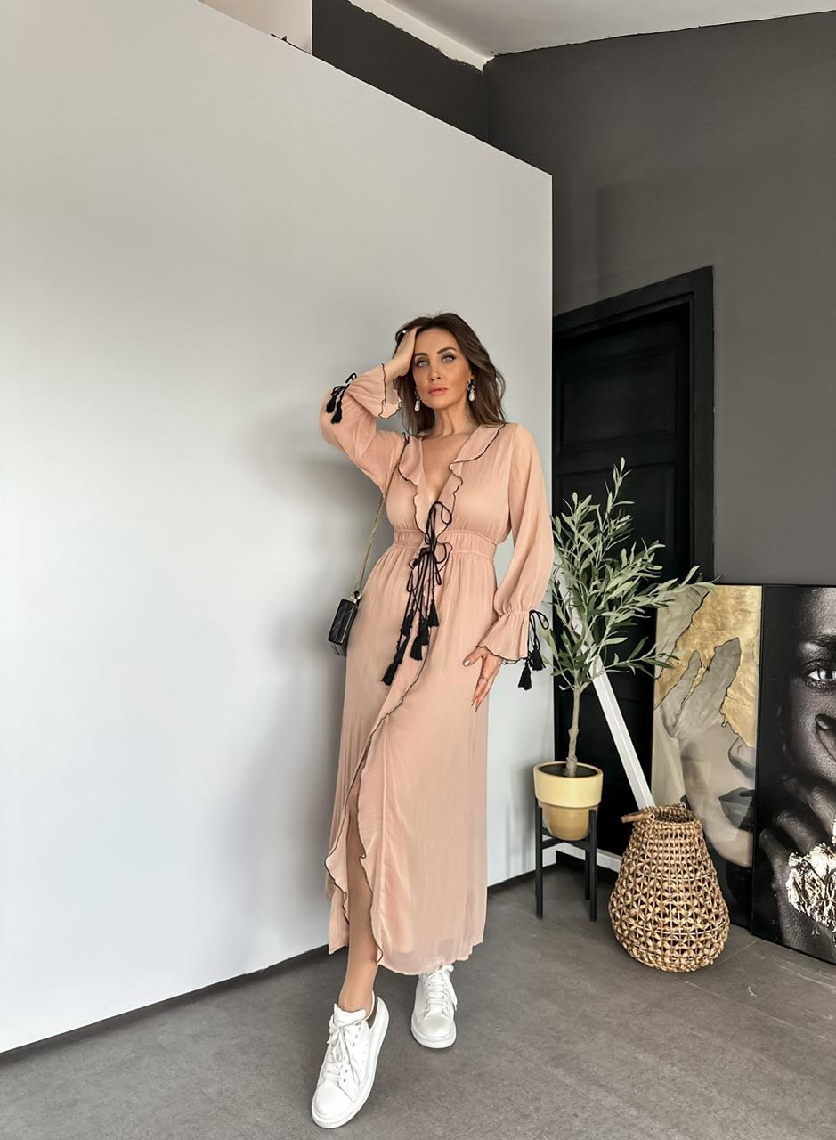 Somon İpli Volanlı Elbise