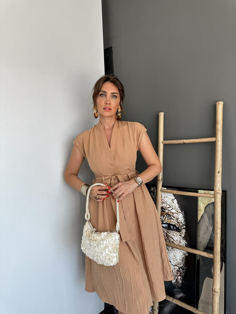Somon T Kol Kuşaklı Elbise