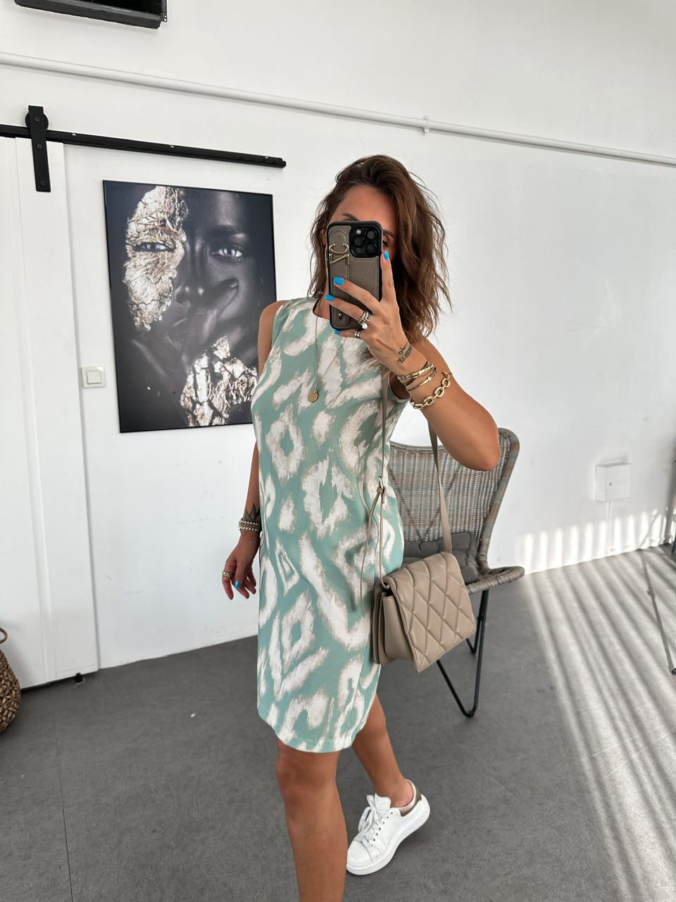 Su Yeşili Batik Desen Basic Elbise