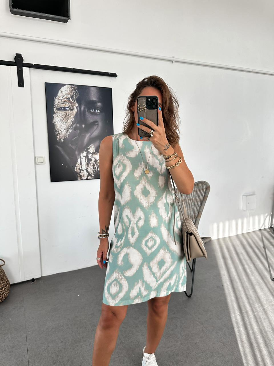 Su Yeşili Batik Desen Basic Elbise