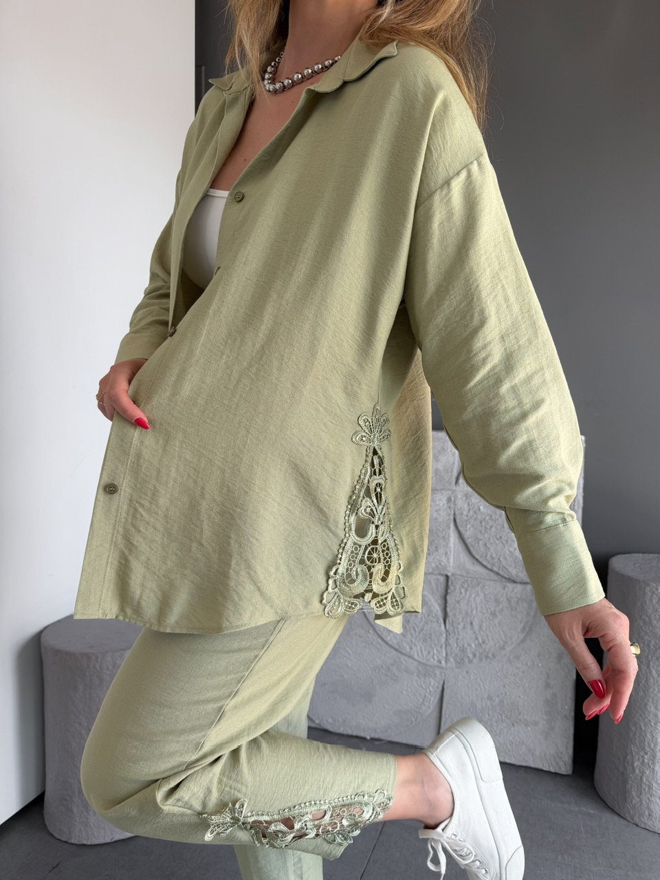Su Yeşili Dantelli Gömlek Pantolon Takım