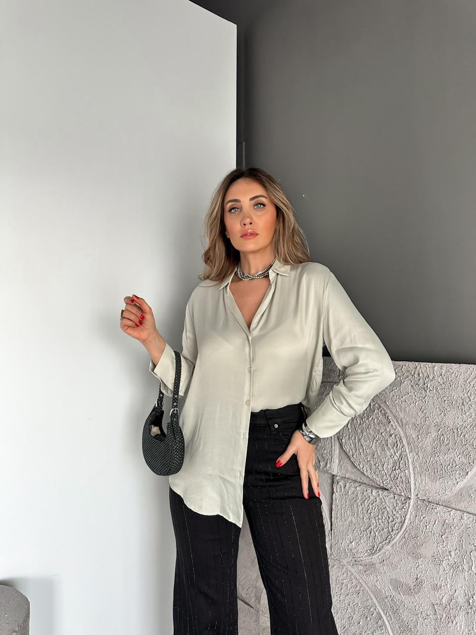 Su Yeşili Saten Sedef Düğmeli Şık Gömlek