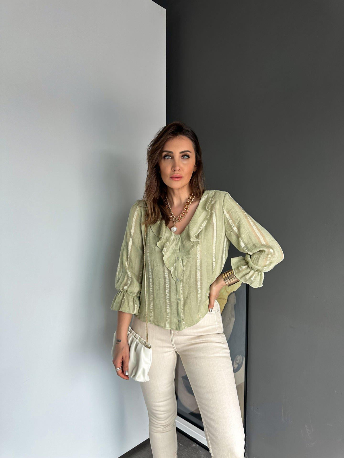 Su Yeşili Volanlı Bluz