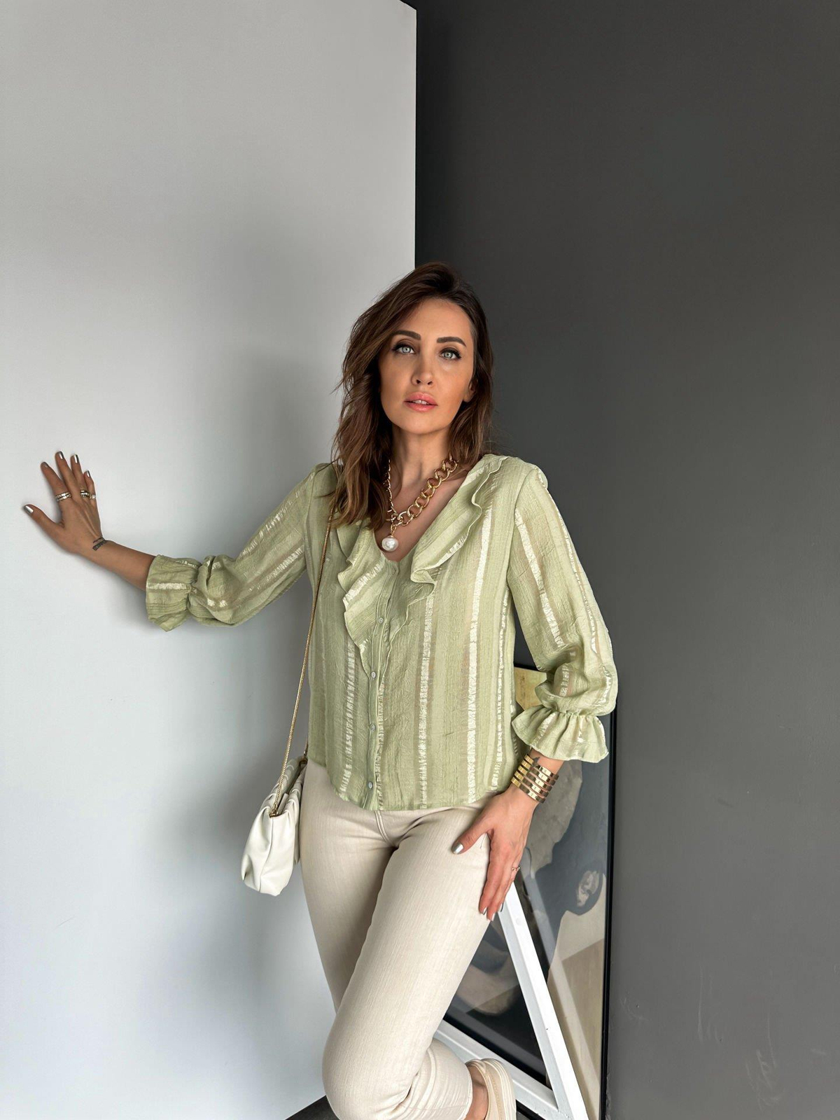 Su Yeşili Volanlı Bluz